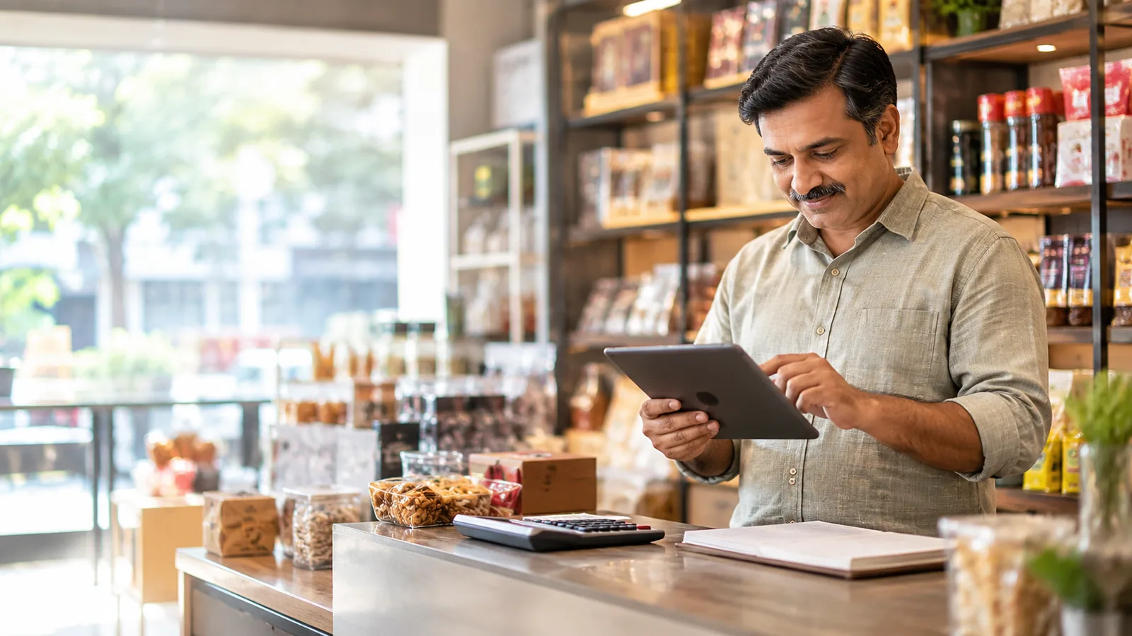 A small business owner reviewing accounts on a tablet at his shop counter