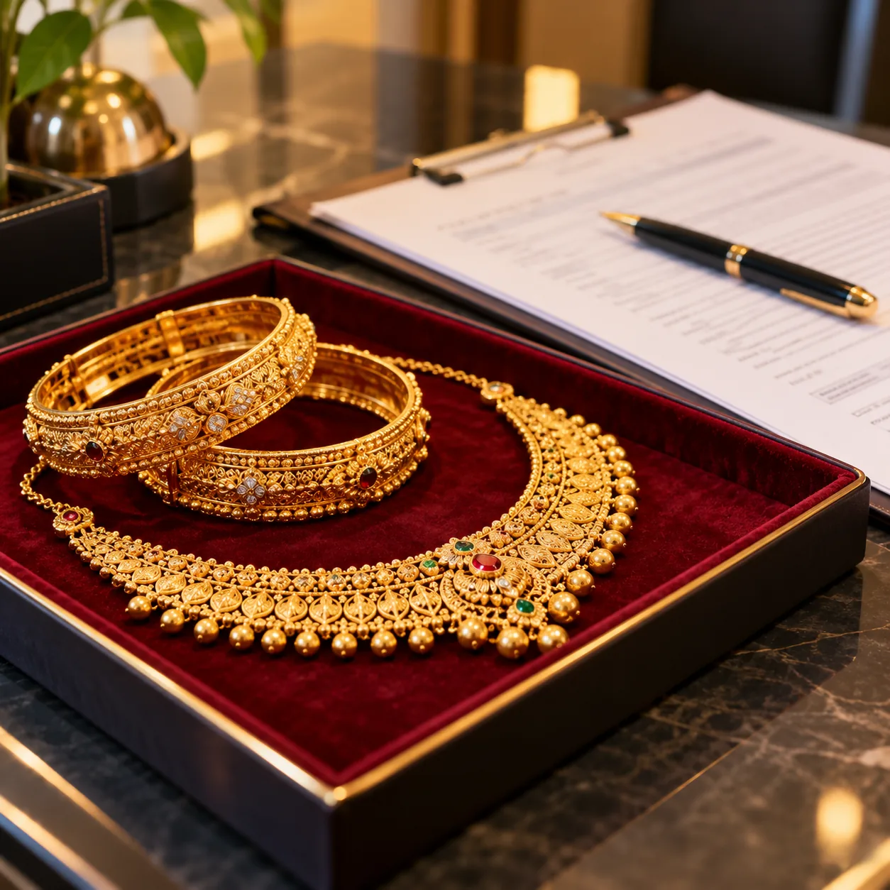 Gold jewellery arranged on a burgundy velvet tray beside loan paperwork