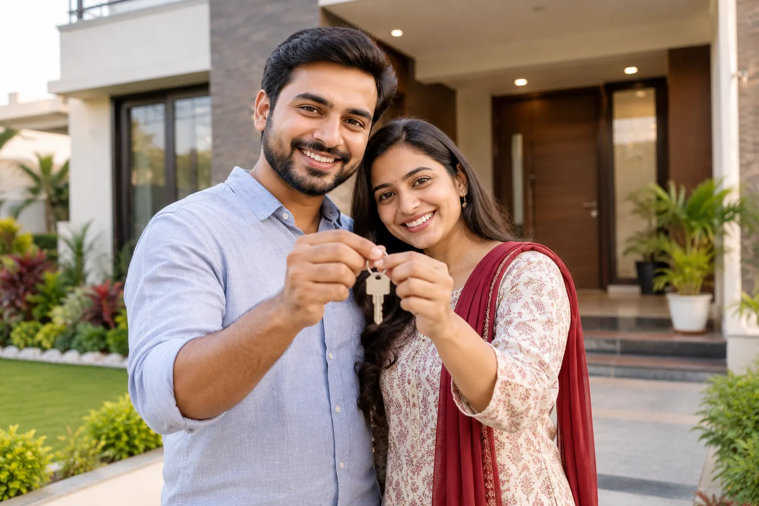 A couple celebrating with their new home key outside their house