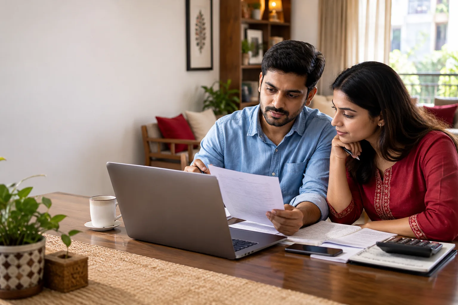 A couple reviewing household finances and paperwork together