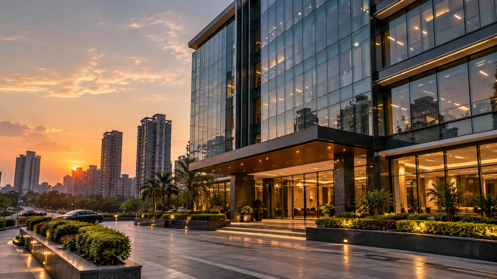 Modern commercial property building at sunset
